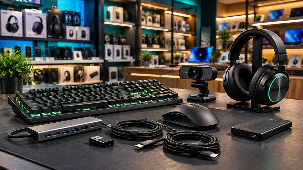 Computer accessories including headset, keyboard, webcam and mouse