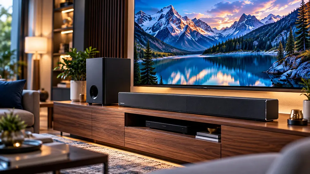 Soundbar and subwoofer in a modern home entertainment setup