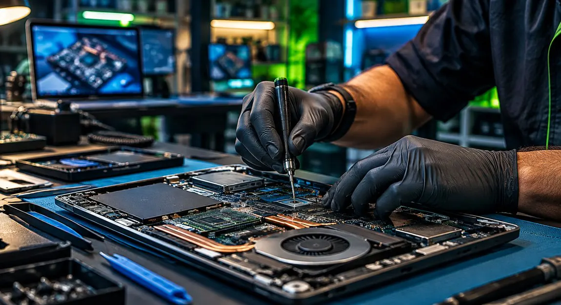 Technician carefully repairing laptop hardware